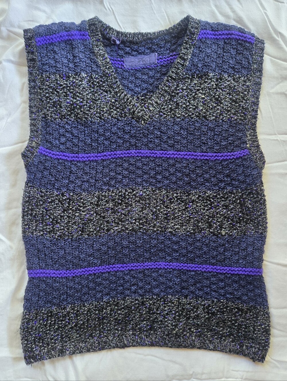 Esprit V-Neck Sweater Vest in Navy, Grey and Purple Stripe